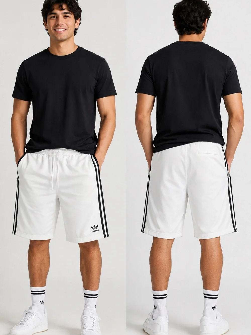 adidas White Athletic Shorts with Black 3-Stripe Trim